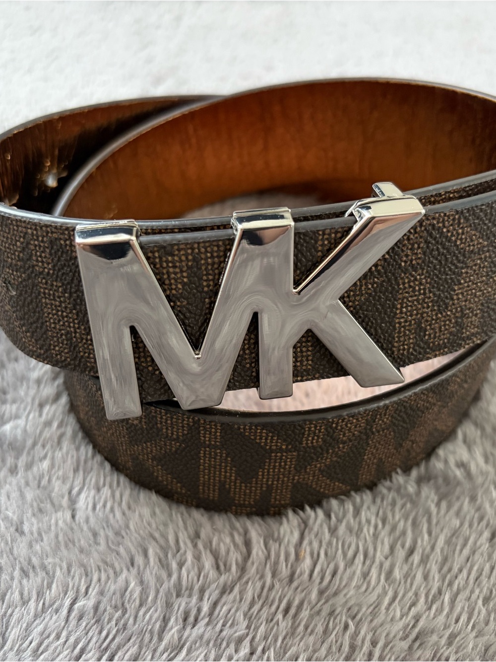 Michael Kors Brown Monogram Belt with Silver MK Buckle